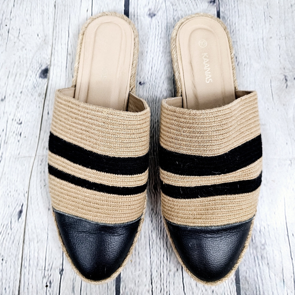 KAANAS | Marbella leather & hand woven espadrille slipon mule slides